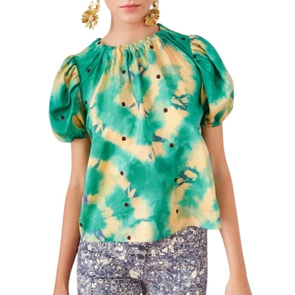 Ulla Johnson Isolda Top 6 Jade Green Yellow Abstract Pleat Neck Puff Sleeve